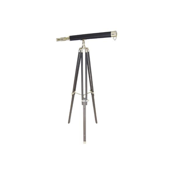 Ďalekohľad na podstavci z materiálu mosadz/koža/drevo - L69 cm, H130 cm