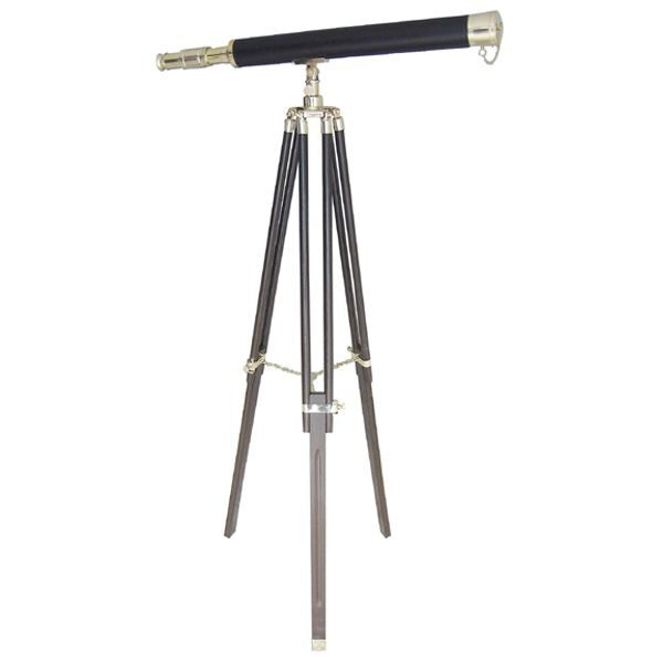 Ďalekohľad na podstavci z materiálu mosadz/koža/drevo - L100 cm, H160cm
