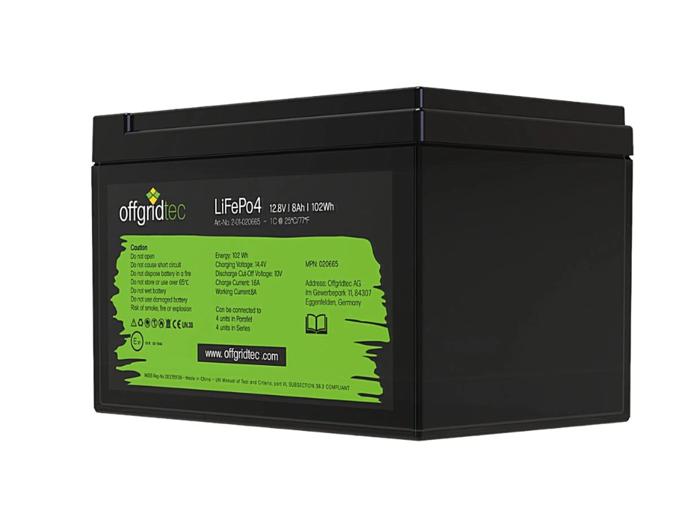 Offgridtec LiFePO4 batéria 12,8 V 8 Ah – 102 Wh, integrovaný BMS