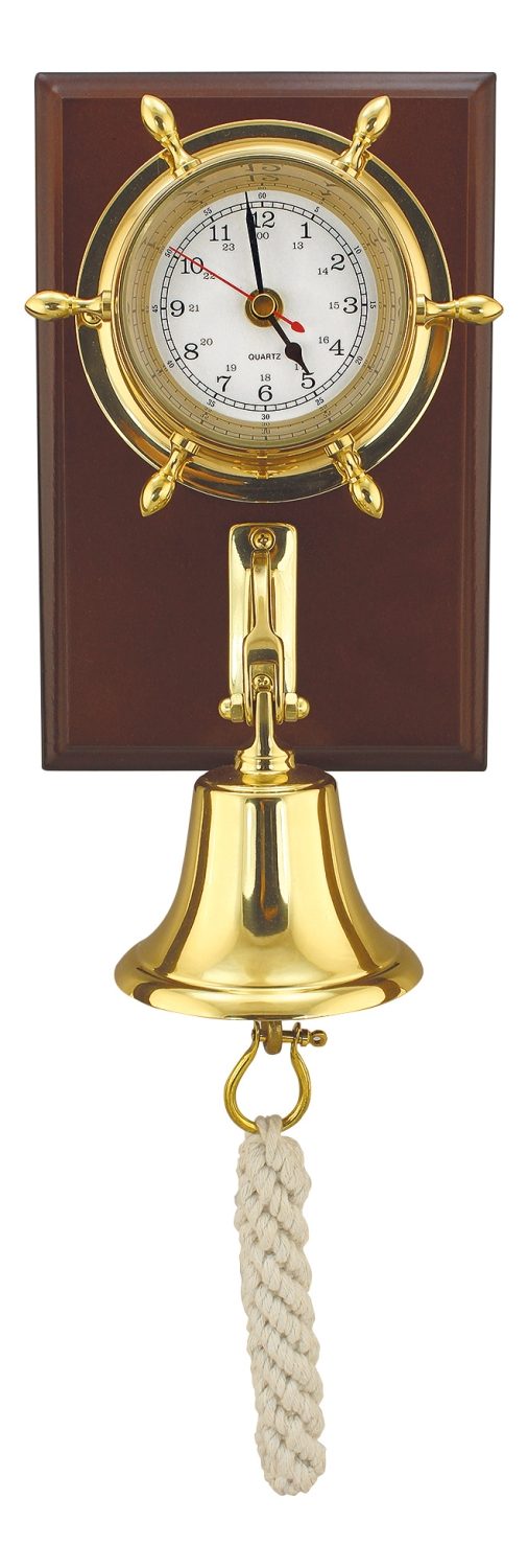 Hodiny a lodný zvonček na drevenej doske, mosadz – 15 × 22,5 cm