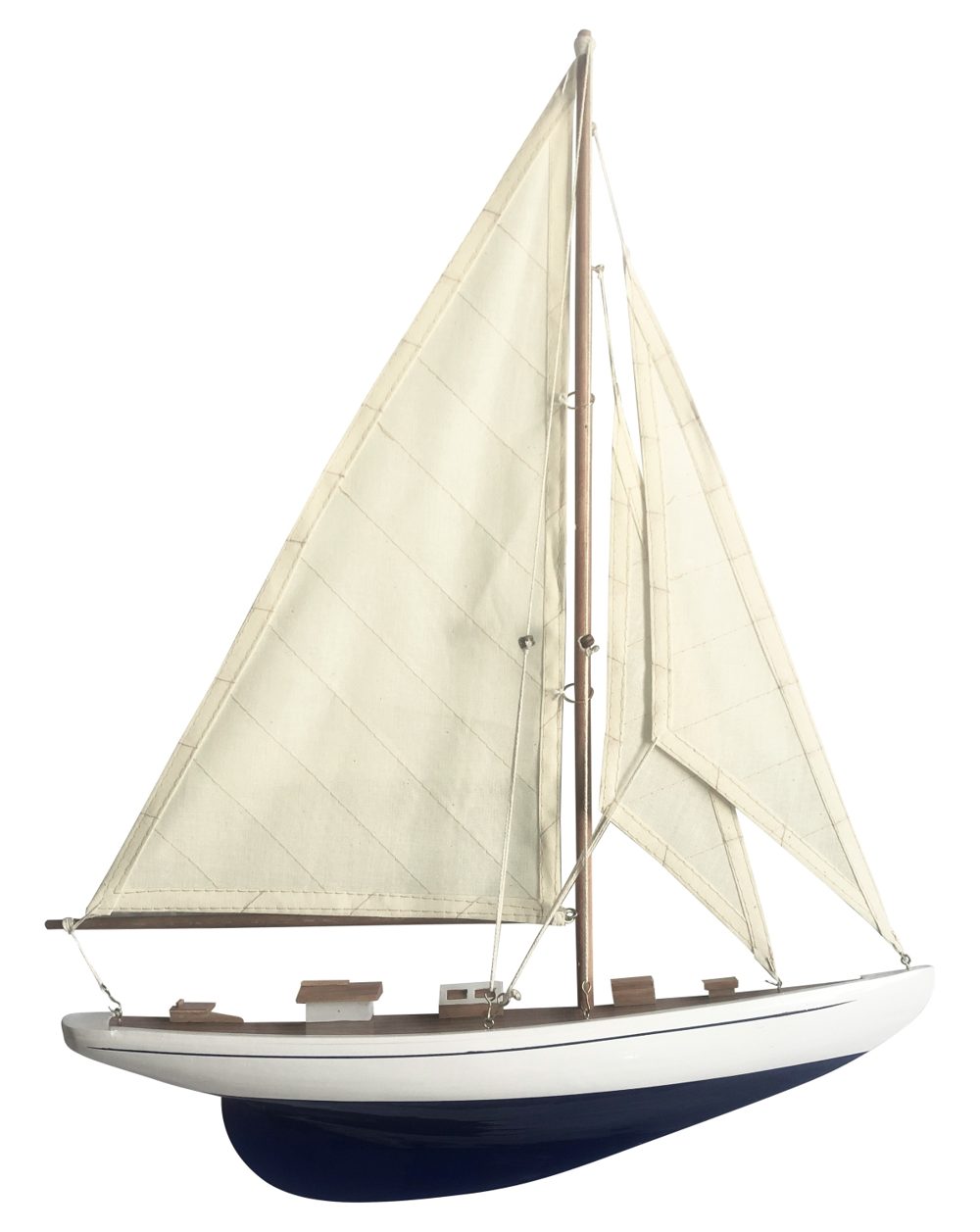 Polmodel plachetnice z dreva, modrá/biela – dĺžka 41,5 cm, výška 52,5 cm