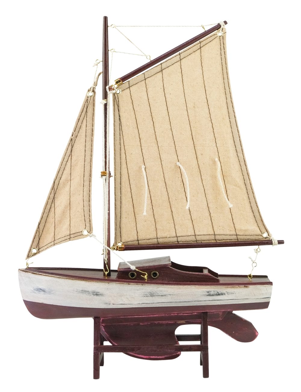 Model plachetnice, drevo s látkovými plachtami, vínovočervená – dĺžka 25 cm, výška 36 cm