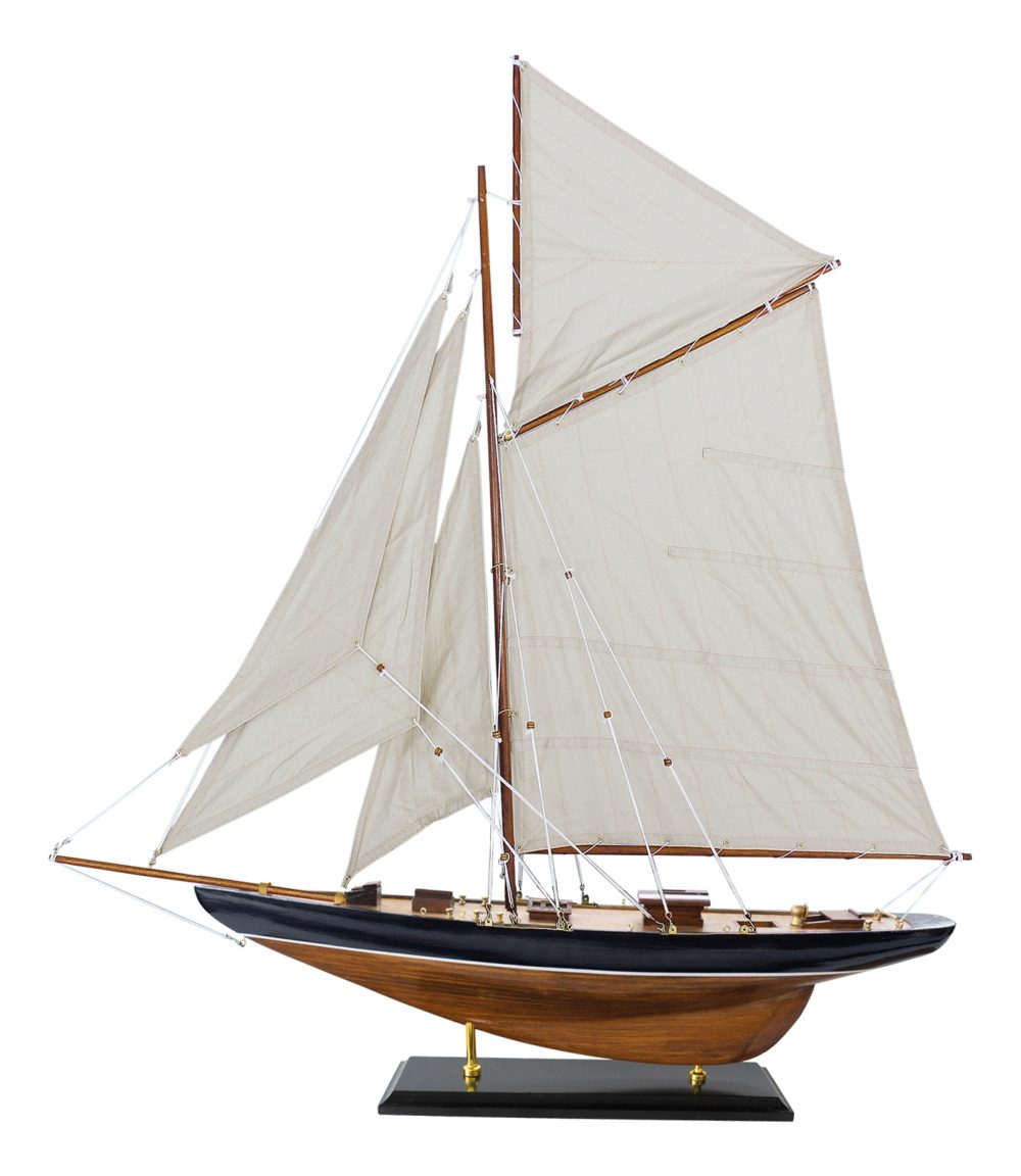 Model plachetnice, drevo s látkovými plachtami, starený trup – dĺžka 75 cm, výška 82 cm