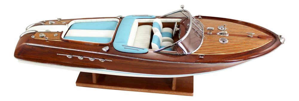 Model motorového člna z dreva, kovu a kože – dĺžka 67 cm