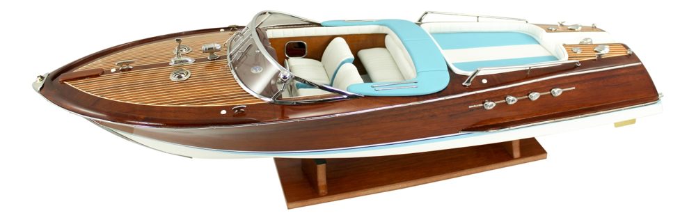 Model motorového člna z dreva, kovu a kože – dĺžka 86 cm