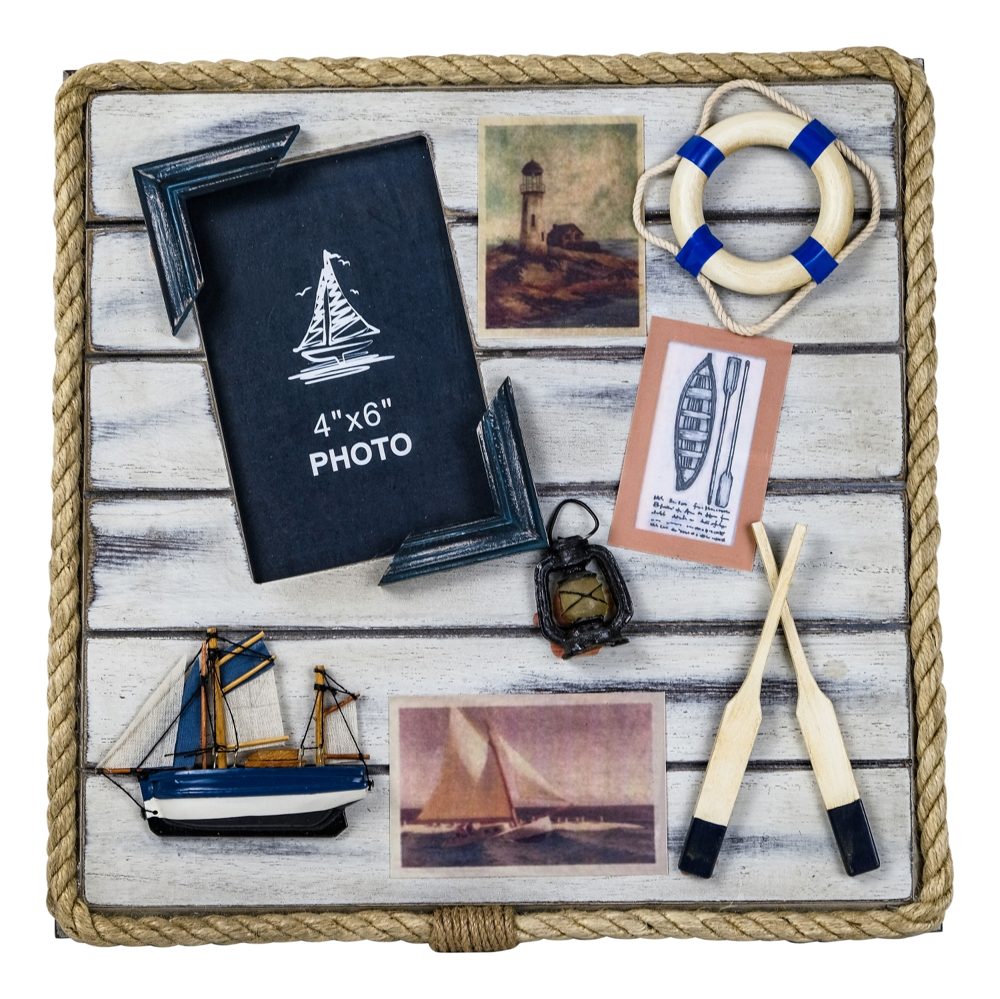 Fotorámik v námornom štýle na zavesenie, maľované drevo – 30 × 30 × 3 cm