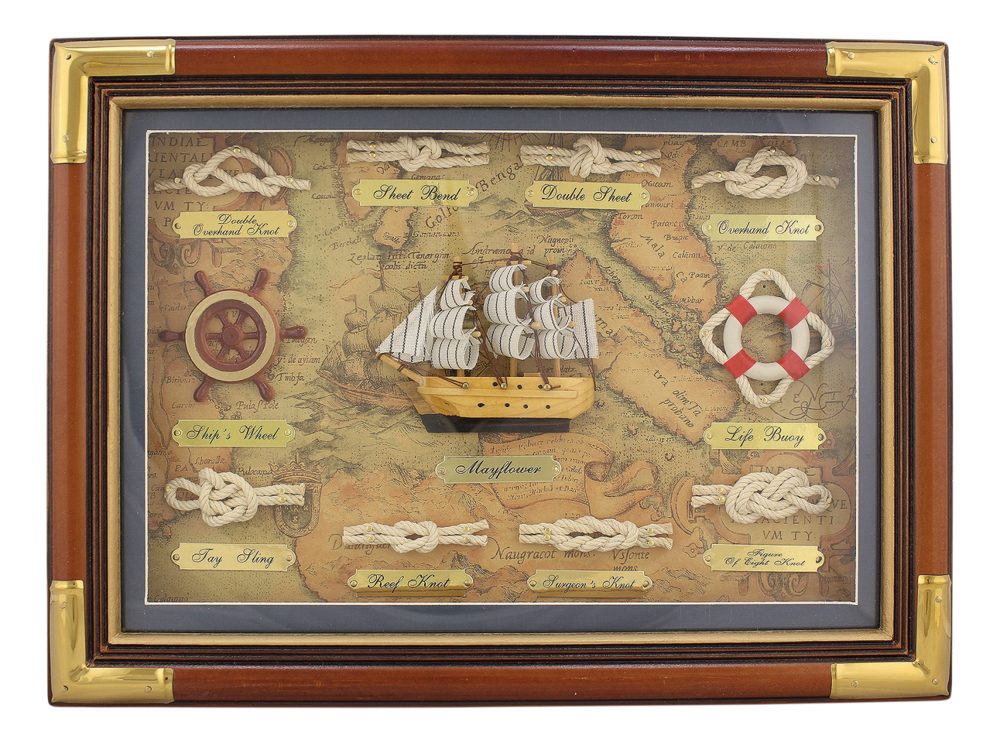 Tabuľa s námorníckymi uzlami za sklom, drevo a mosadz – 38 × 28 cm