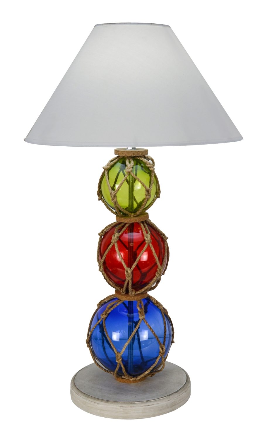 Lampa so sklenenými rybárskymi plavákmi, sklo a drevo, s tienidlom – výška 66 cm