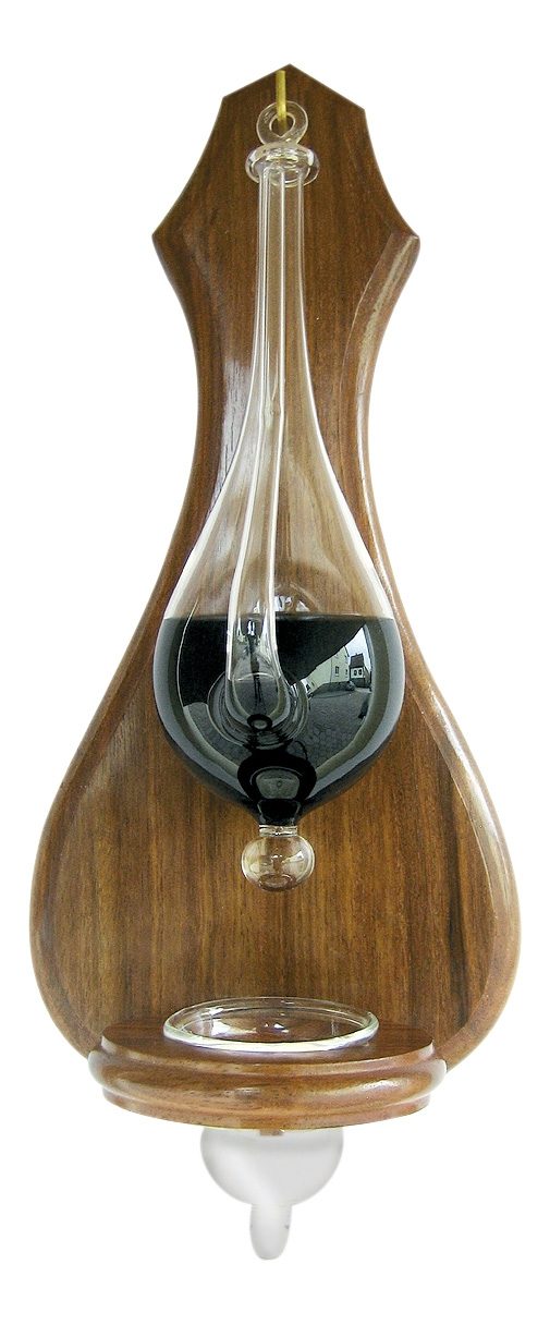 Sklenený barometer so zachytávačom kvapiek na doske z dreva sheesham – 15 × 36 cm