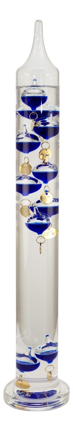 Galileov teplomer sklenený s 10 guľkami, 16–34 °C – výška 44 cm