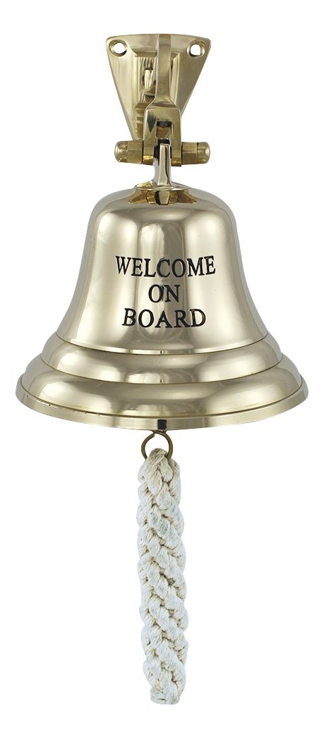 Lodný zvon mosadzný s nápisom WELCOME ON BOARD, ľahké vyhotovenie – priemer 10 cm