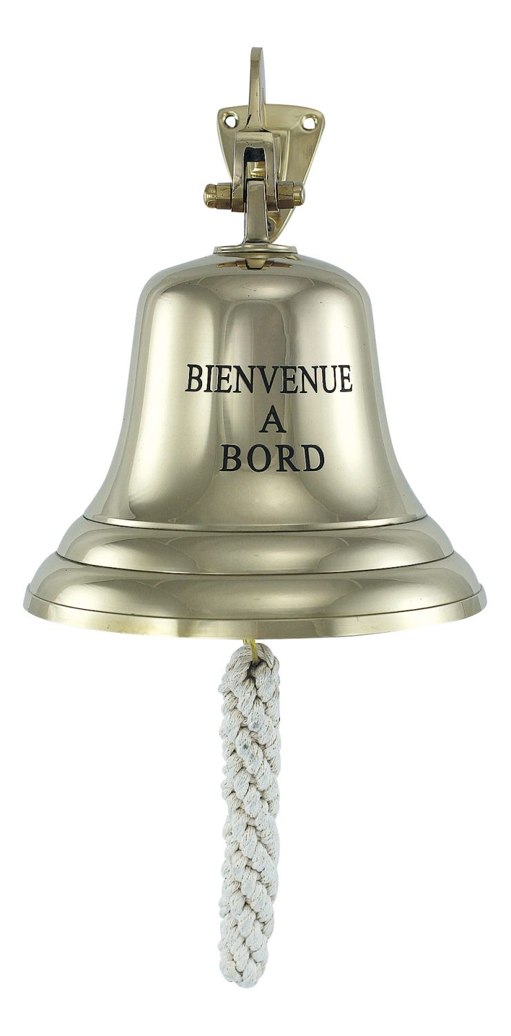 Lodný zvon mosadzný s nápisom BIENVENUE A BORD, ľahké vyhotovenie – priemer 15 cm