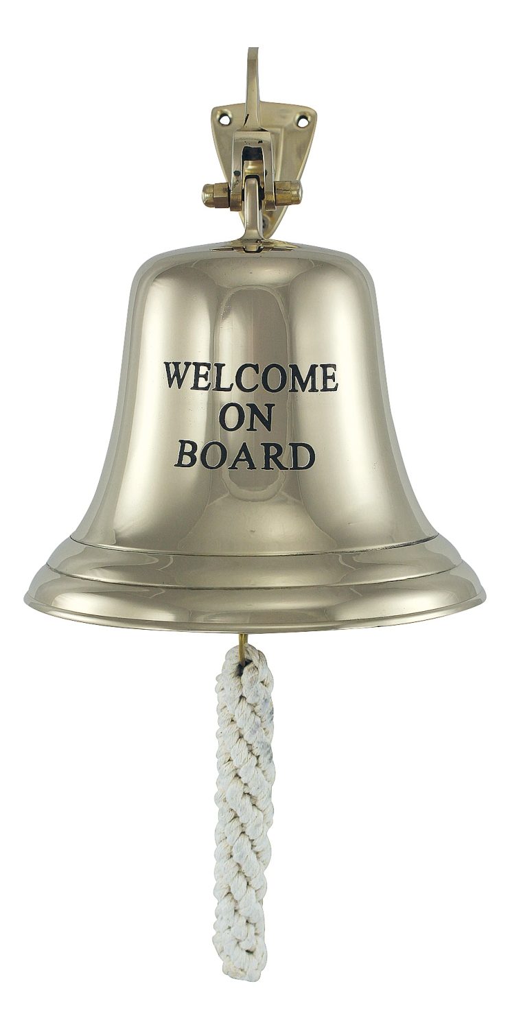 Lodný zvon mosadzný s nápisom WELCOME ON BOARD, ľahké vyhotovenie – priemer 15 cm