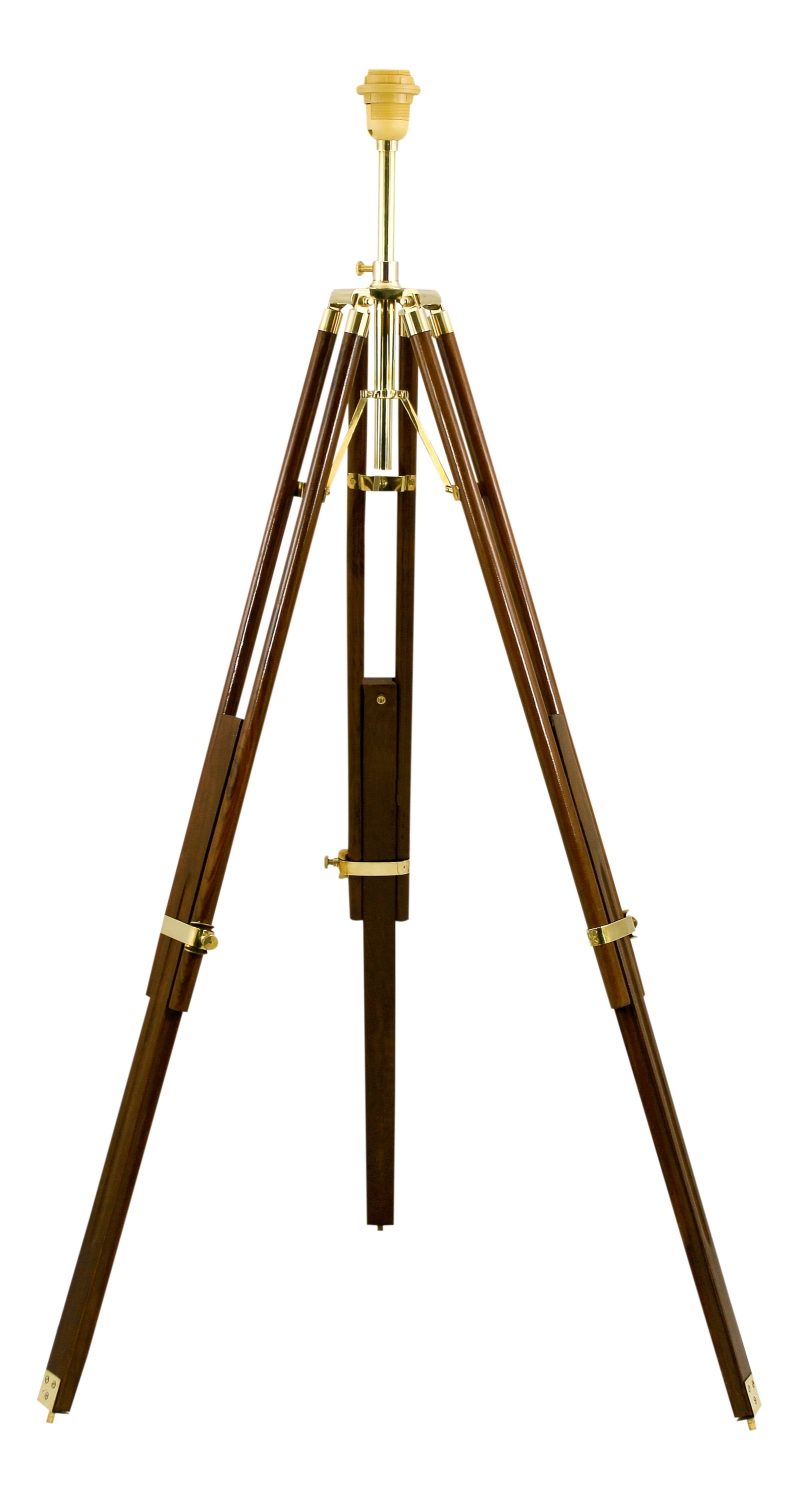 Lampa trojnožka, drevo a mosadz, 230 V – výška 91–147 cm, bez tienidla