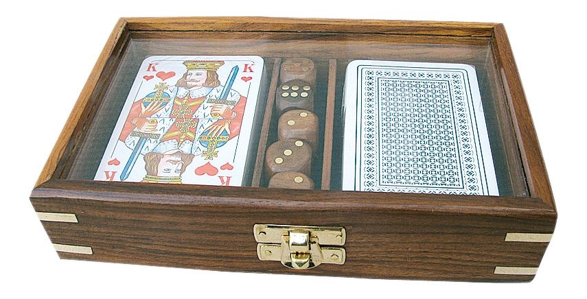 Krabička na karty a kocky so sklom vo veku, drevo – 18 × 11,5 × 4 cm