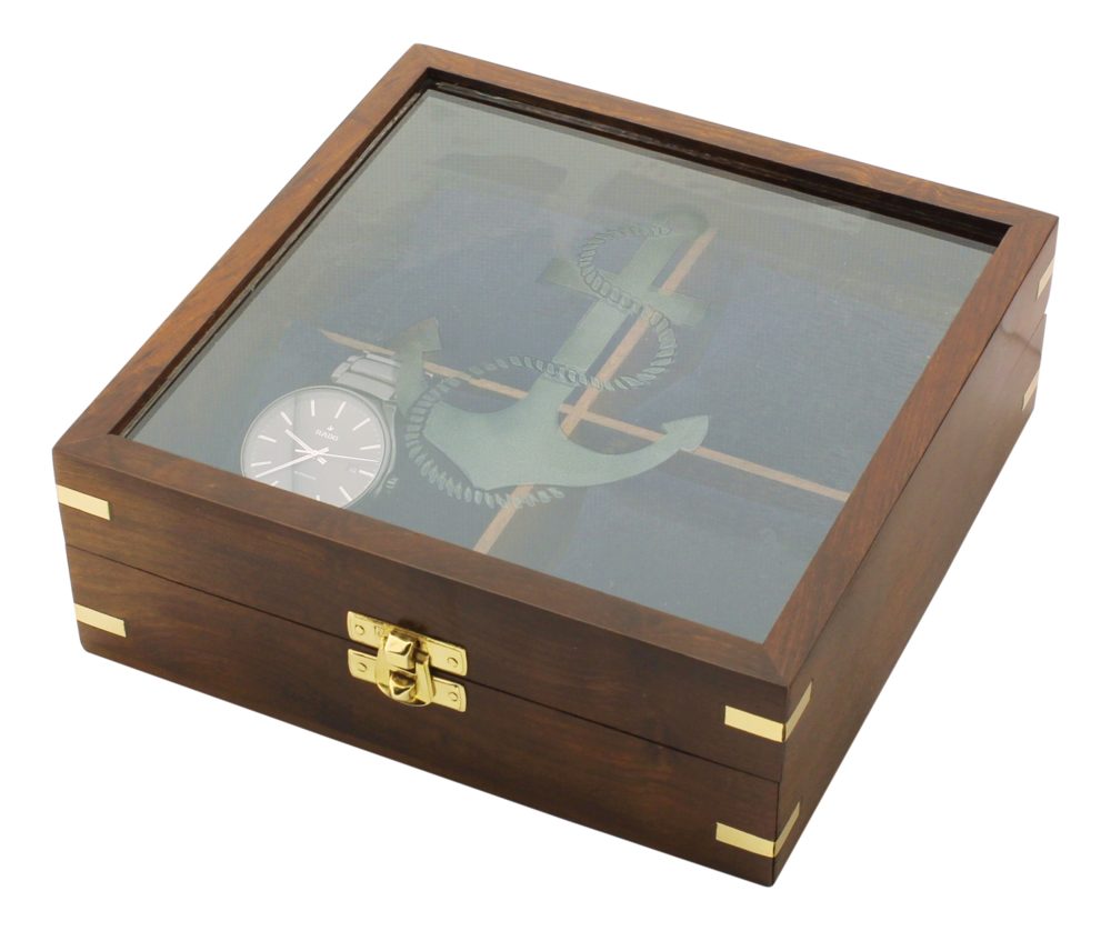 Box na hodinky alebo šperky, drevo so zamatovými vankúšikmi – 19 × 19 × 7 cm