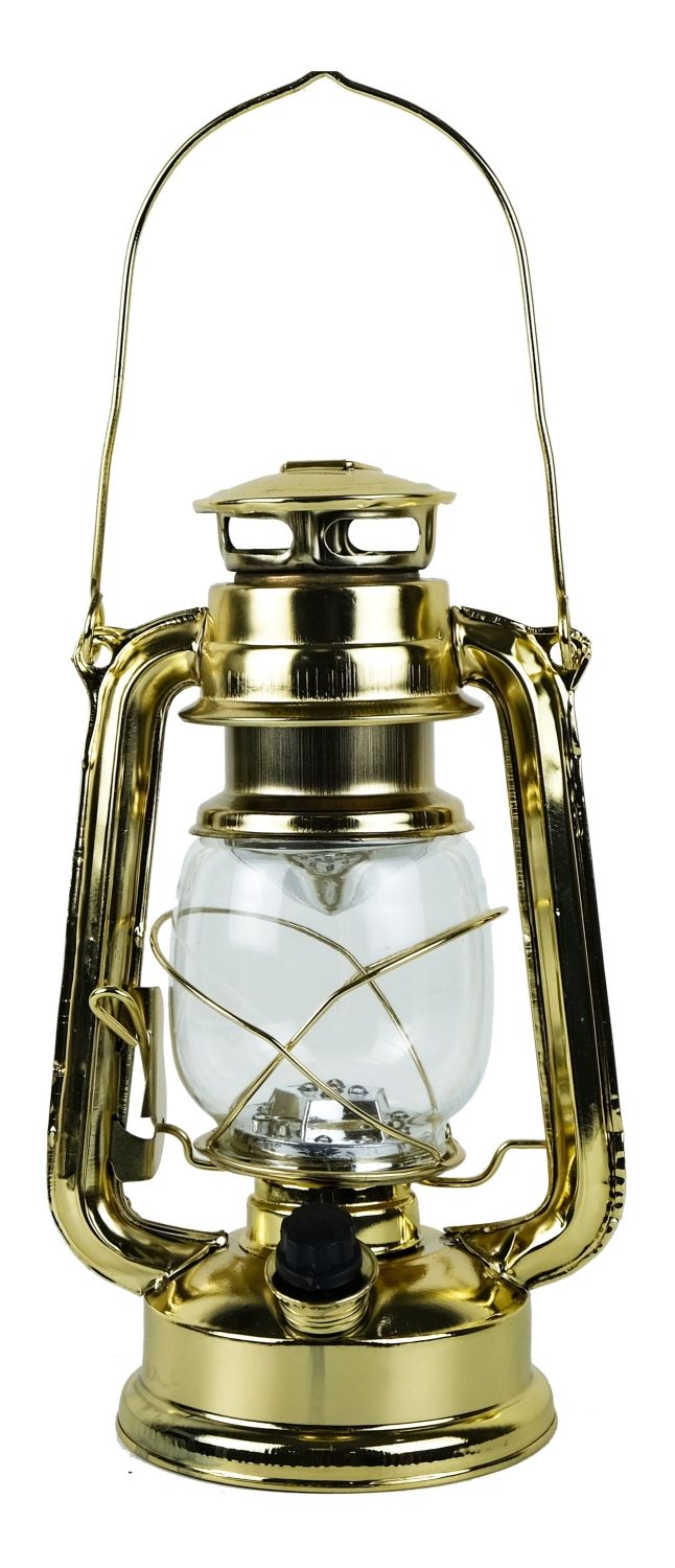 LED lampáš na batérie, železný, mosadzná farba – výška 24,5 cm