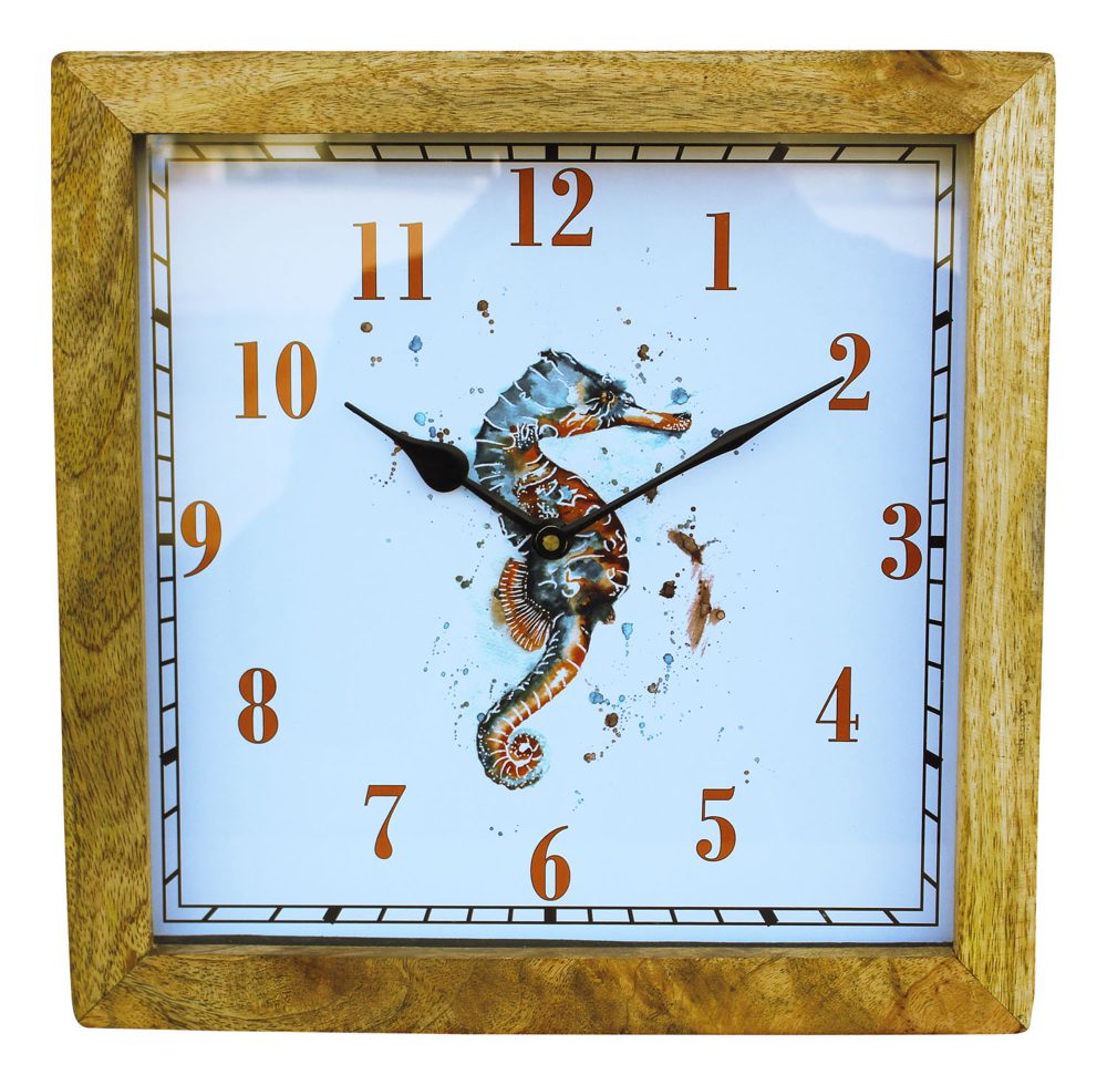 Nástenné hodiny s morským koníkom z mangového dreva – 30,5 × 30,5 × 6,5 cm
