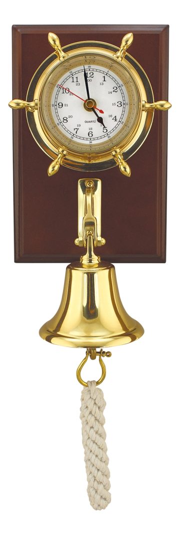 Hodiny a lodný zvonček na drevenej doske, mosadz – 15 × 22,5 cm
