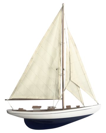 Polmodel plachetnice z dreva, modrá/biela – dĺžka 41,5 cm, výška 52,5 cm