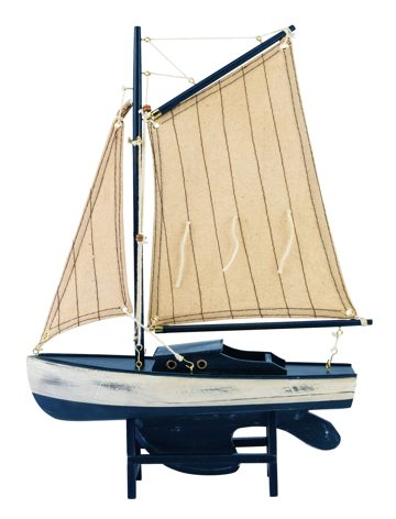 Model plachetnice, drevo s látkovými plachtami, tmavomodrá – dĺžka 25 cm, výška 36 cm