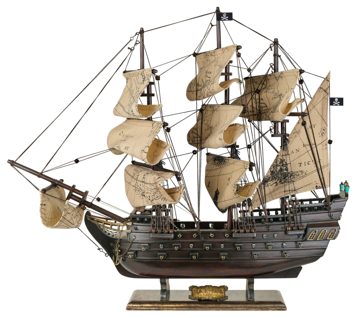 Model pirátskej lode z dreva, látky a kovu – 51 × 18 × 44 cm