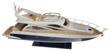 Model motorovej jachty z dreva, kovu a kože – 90 × 38 × 23 cm