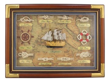 Tabuľa s námorníckymi uzlami za sklom, drevo a mosadz – 38 × 28 cm