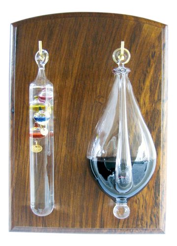 Galileov teplomer na doske z dreva sheesham – 18 × 25 cm