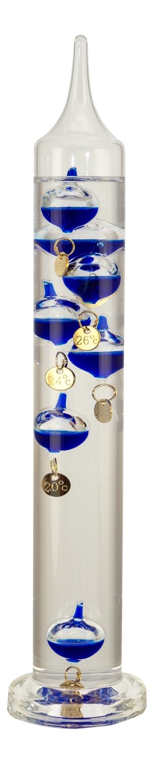 Galileov teplomer sklenený s 7 guľkami, 18–30 °C – výška 27,5 cm