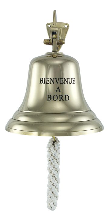 Lodný zvon mosadzný s nápisom BIENVENUE A BORD, ľahké vyhotovenie – priemer 15 cm