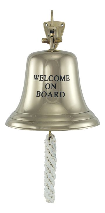 Lodný zvon mosadzný s nápisom WELCOME ON BOARD, ľahké vyhotovenie – priemer 15 cm