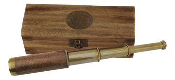 Ďalekohľad mosadzný s kožou, antický vzhľad, v drevenej krabici – dĺžka 38 cm