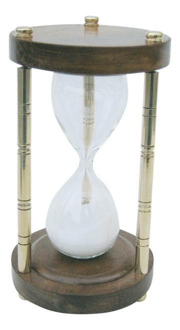 Presýpacie hodiny mosadzno-drevené s 3 stĺpikmi – cca 5 minút, výška 15 cm