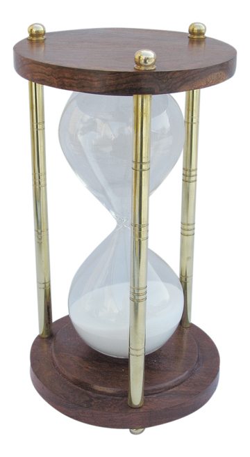 Presýpacie hodiny mosadzno-drevené s 3 stĺpikmi – cca 60 minút, výška 22,5 cm
