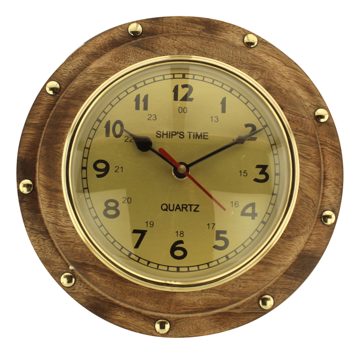 Hodiny v lodnom okne, drevo a mosadz – priemer 23 cm