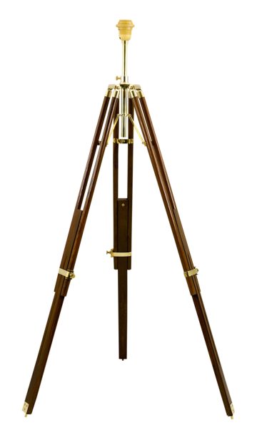 Stojacia lampa na trojnožke, drevo a mosadz – výška 166/187 cm, bez tienidla