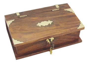Krabička v tvare knihy so zámkom, drevo a mosadz – 21 × 13,5 × 6 cm