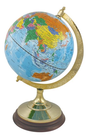 Glóbus svetlomodrý na mosadzno-drevenom stojane – výška 34 cm