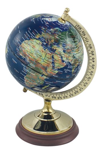 Glóbus tmavomodrý na mosadzno-drevenom stojane – výška 22,5 cm