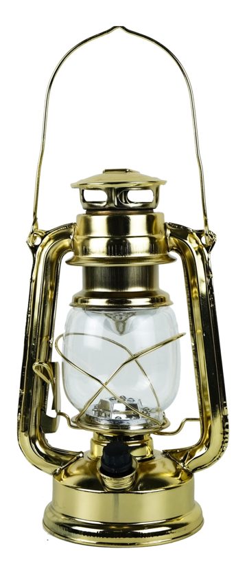 LED lampáš na batérie, železný, mosadzná farba – výška 24,5 cm