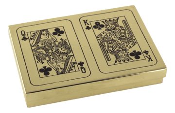 Krabička na karty mosadzná s 2 balíčkami (110 kariet) – 14 × 10 × 2,3 cm
