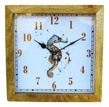 Nástenné hodiny s morským koníkom z mangového dreva – 30,5 × 30,5 × 6,5 cm
