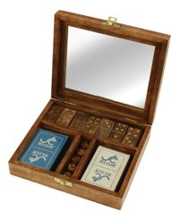 Krabička na karty, kocky a domino, mangové drevo, sklo a mosadz – 20 × 17,5 × 6 cm