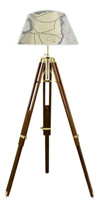 Lampa trojnožka, drevo a mosadz, 230 V – výška 91–147 cm, bez tienidla