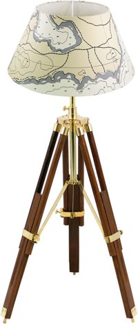 Lampa trojnožka, drevo a mosadz, 230 V – výška 43–83,5 cm, bez tienidla