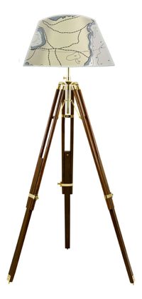 Stojacia lampa na trojnožke, drevo a mosadz – výška 166/187 cm, bez tienidla