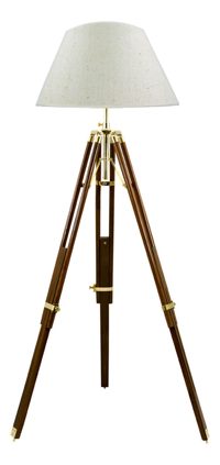 Stojacia lampa na trojnožke, drevo a mosadz – výška 166/187 cm, bez tienidla