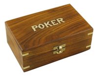 Pokerová súprava v drevenej krabici – 2 balíčky kariet, 100 žetónov, 18,5 × 11,5 × 7 cm