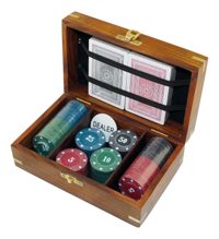 Pokerová súprava v drevenej krabici – 2 balíčky kariet, 100 žetónov, 18,5 × 11,5 × 7 cm